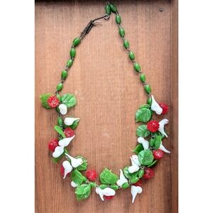 Vintage Art Deco Murano Venetian Glass 1940s Charm Necklace Birds Berries Leaves